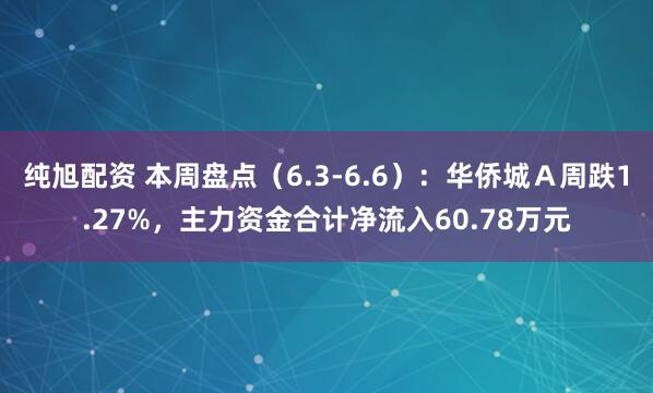 纯旭配资 本周盘点（6.3-6.6）：华侨城Ａ周跌1.27%，主力资金合计净流入60.78万元