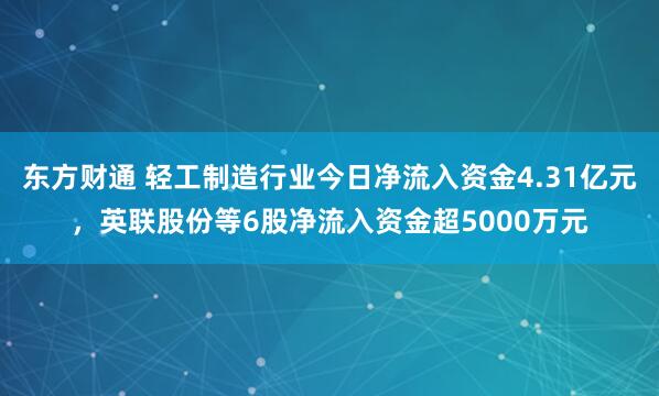 东方财通 轻工制造行业今日净流入资金4.31亿元，英联股份等6股净流入资金超5000万元